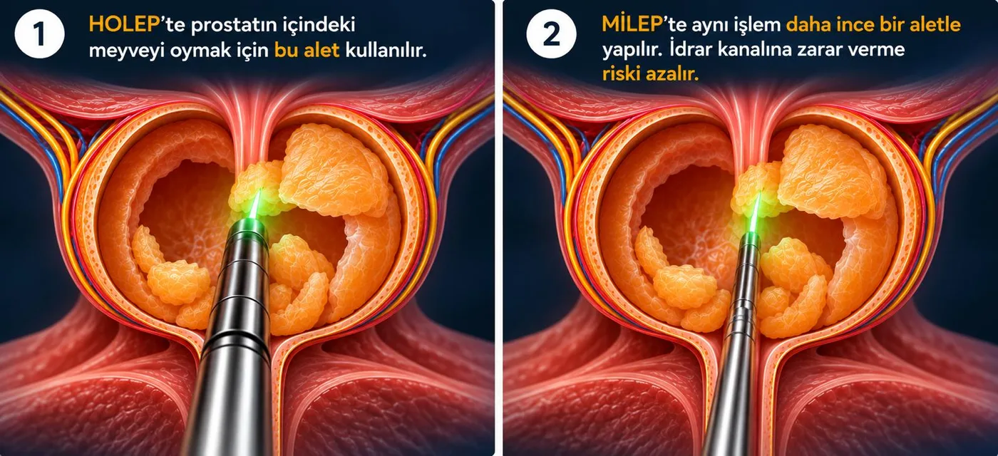 İki bölümlü karşılaştırma: HoLEP'te prostatın içindeki dokuyu çıkarmak için kullanılan alet ile MiLEP'te kullanılan daha ince alet.